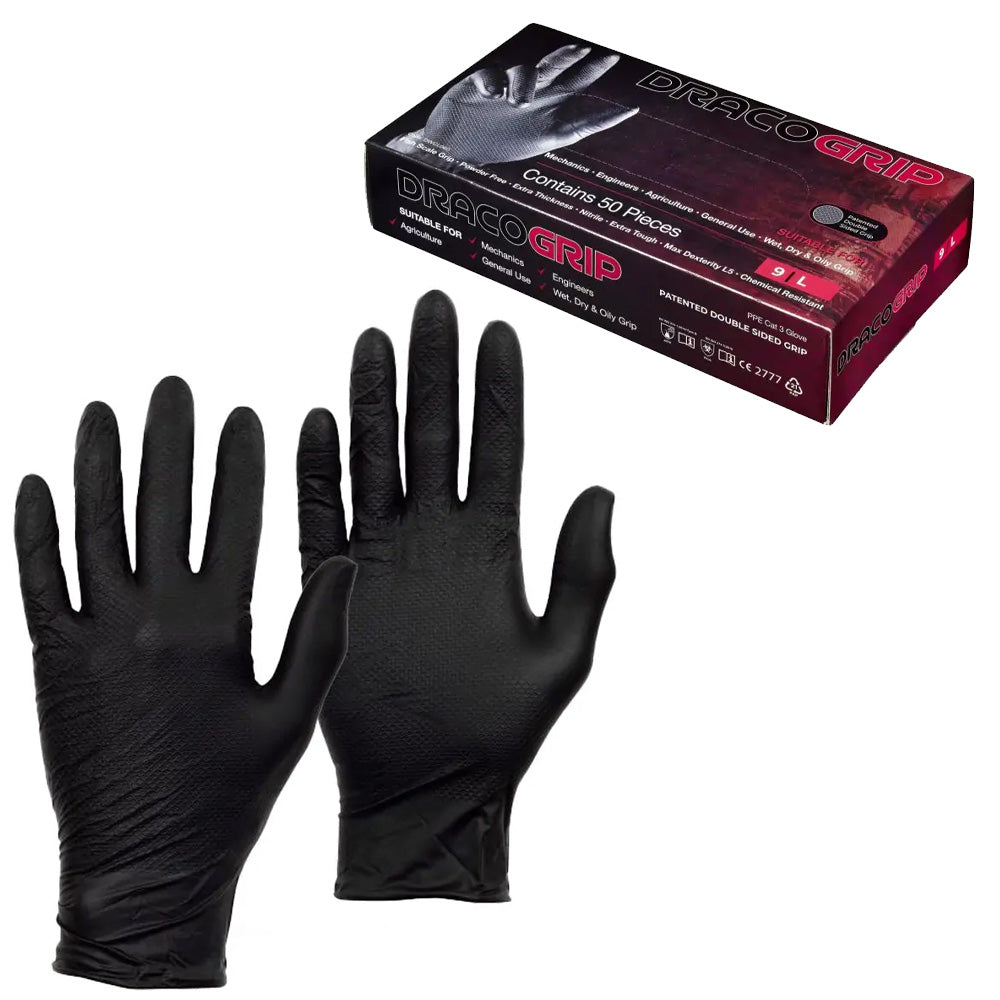 Draco Grip Black Powder-Free Nitrile Gloves w/Fish-Scale Grip - Large - 50pcs
