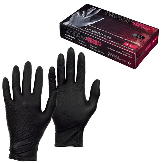 Draco Grip Black Powder-Free Nitrile Gloves w/Fish-Scale Grip - Large - 50pcs