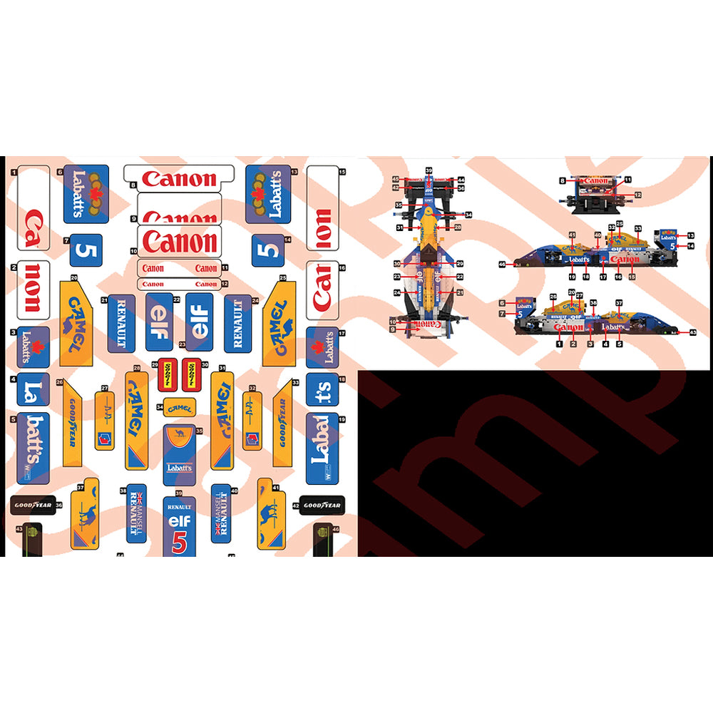 Williams Racing FW14B Patrese Period-Correct Livery Sticker Set for LEGO 10353