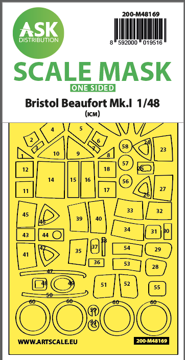 Art Scale 200-M48169 1:48 Bristol Beaufort Mk.I wheels & canopy frame paint mask