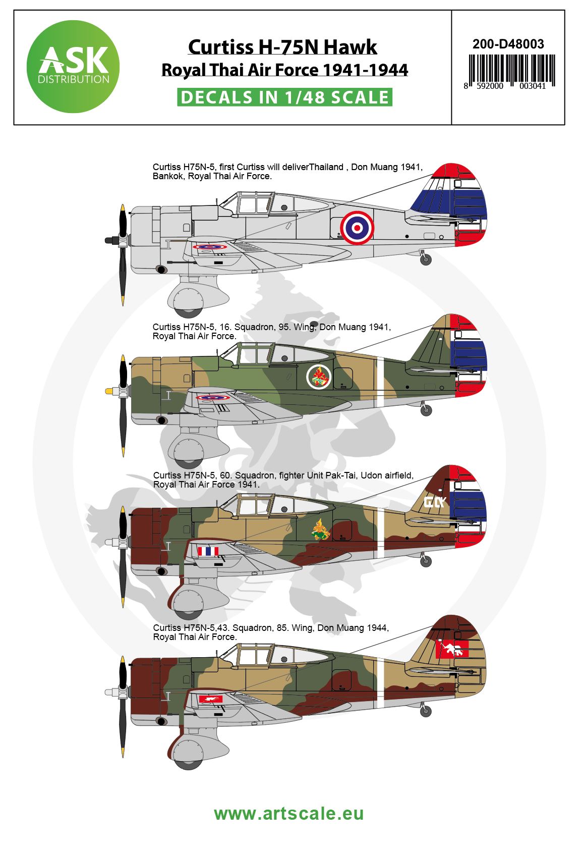 Art Scale 200-D48003 1:48 Curtiss H-75N Hawk Royal Thai Air Force 1941-1944