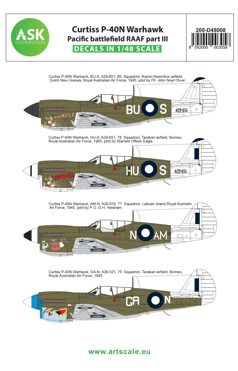 Art Scale 200-D48008 1:48 Curtiss P-40N Warhawk RAAF Pacific Part III