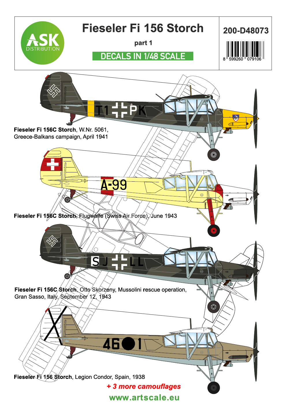 Art Scale 200-D48073 1:48 Fieseler Fi-156C Storch Part 1 Decal Markings