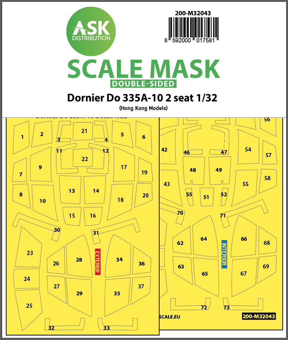 Art Scale 200-M32043 1:32 Dornier Do-335A-10 two seater canopy frame paint mask
