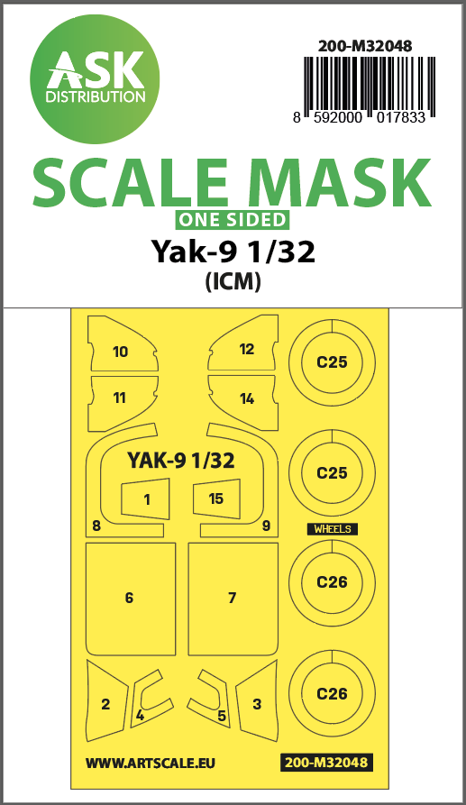 Art Scale 200-M32048 1:32 Yakovlev Yak-9 wheels and canopy frame paint masks