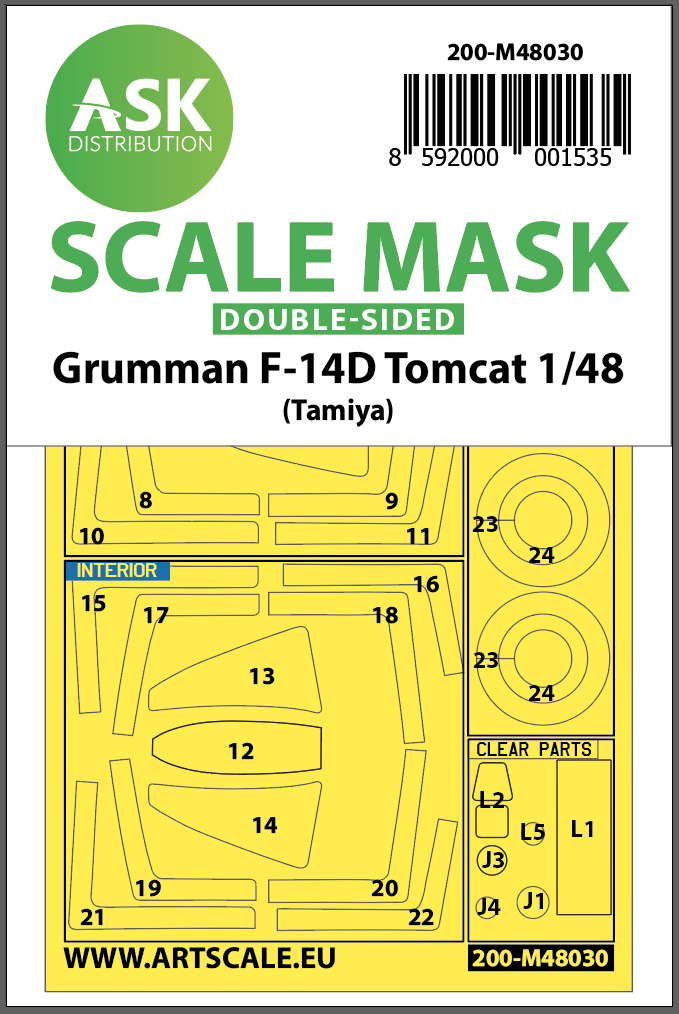 Art Scale 200-M48030 1:48 Grumman F-14D Tomcat wheels & canopy frame paint masks