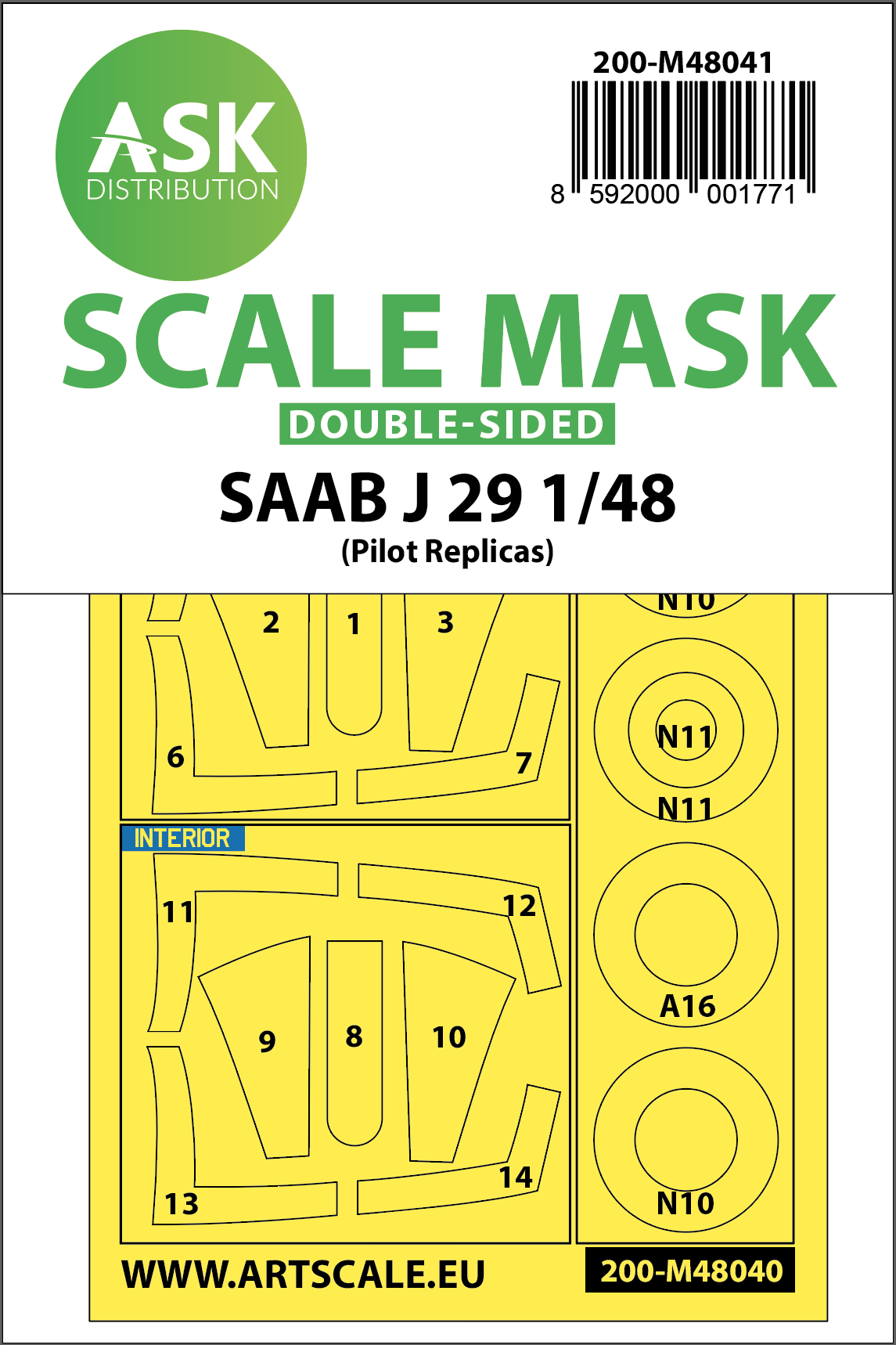 Art Scale 200-M48041 1:48 Saab J-29B 'Tunnan' wheels & canopy frame paint masks