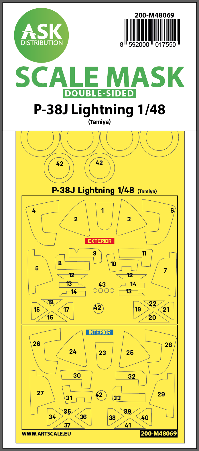Art Scale 200-M48069 1:48 Lockheed P-38J Lightning Wheel & Canopy Paint Masks