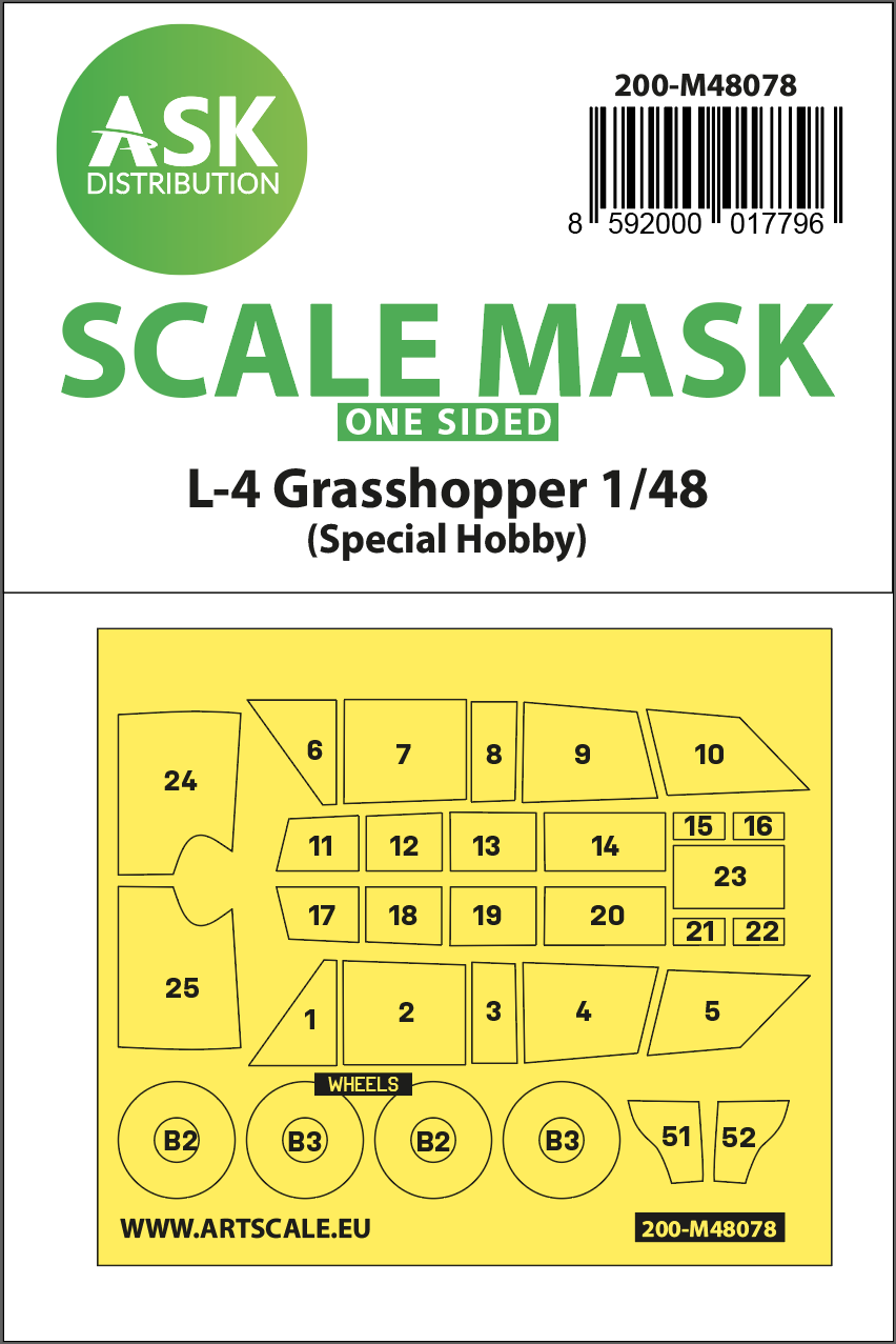 Art Scale 200-M48078 1:48 Piper L-4 Grasshopper wheels & canopy frame paint mask
