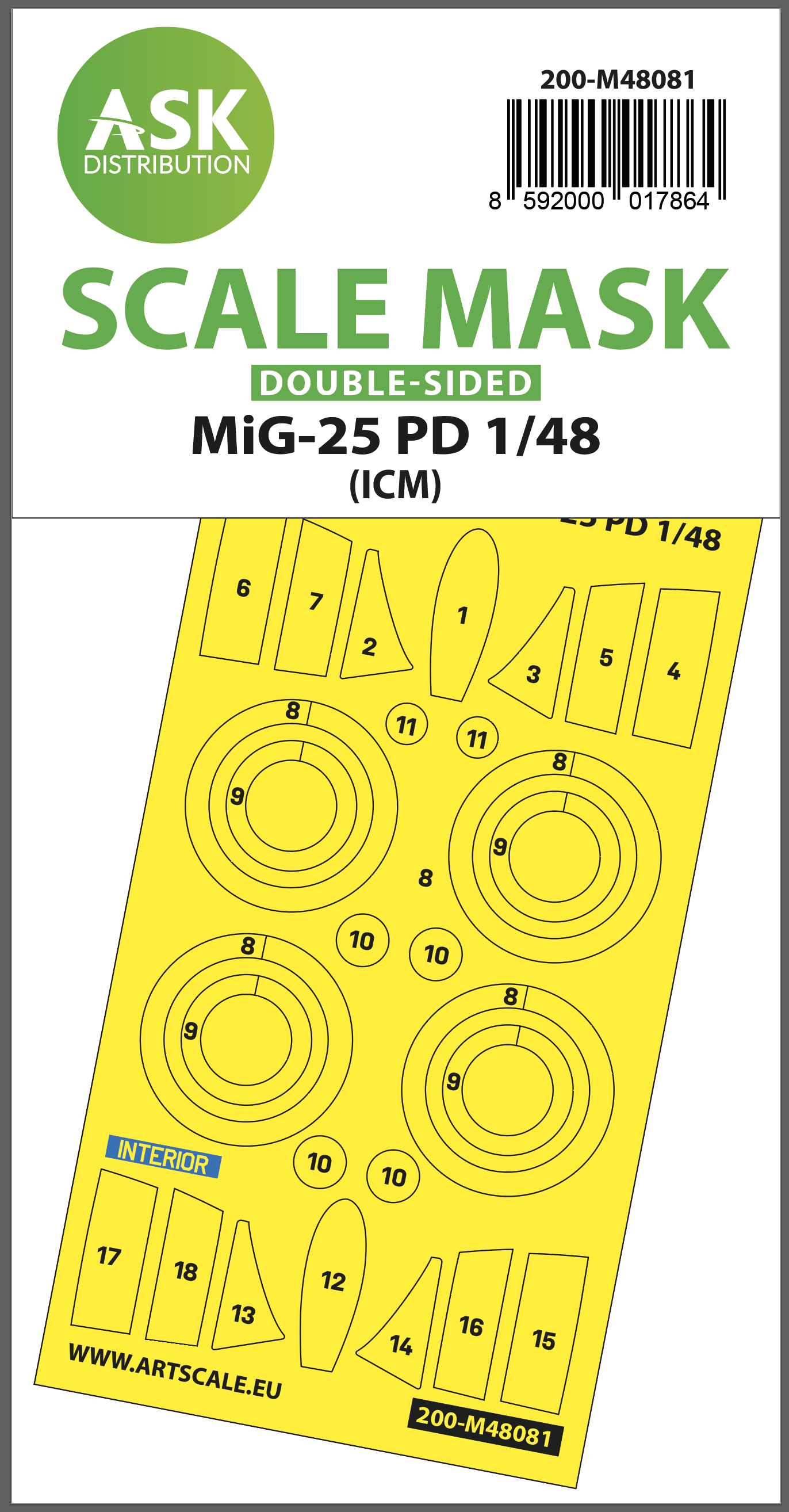 Art Scale 200-M48081 1:48 Mikoyan MiG-25PD wheels and canopy frame paint masks