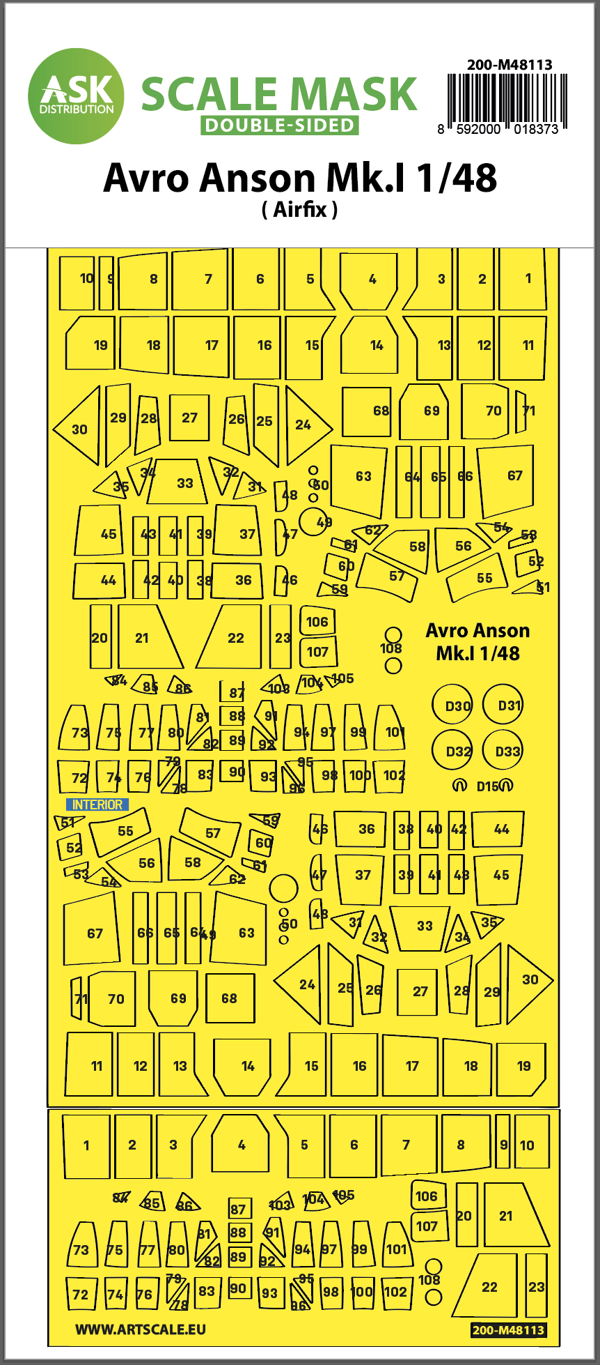 Art Scale 200-M48113 1:48 Avro Anson Mk.I wheels and canopy frame paint masks