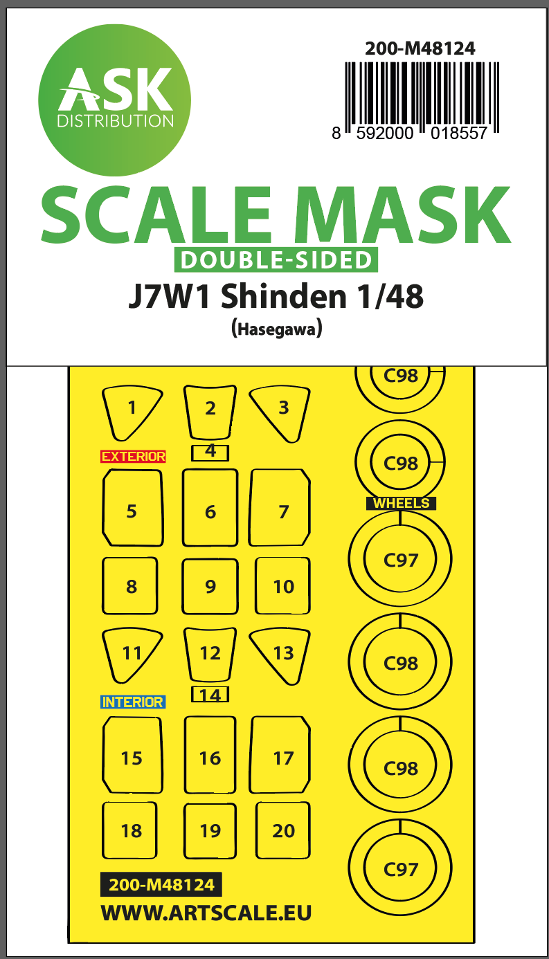 Art Scale 200-M48124 1:48 Kyushu J7W1 Shinden wheels and canopy frame paint mask