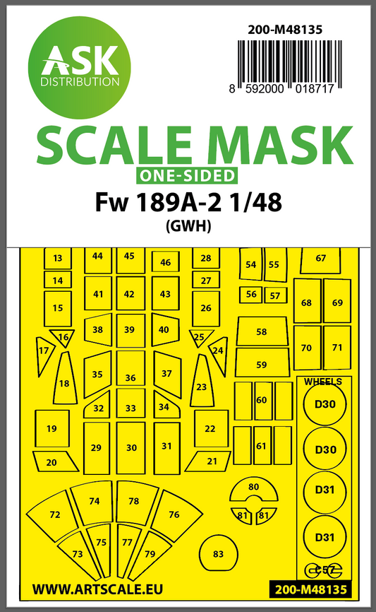Art Scale 200-M48135 1:48 Focke-Wulf Fw-189A-2 wheels & canopy frame paint mask