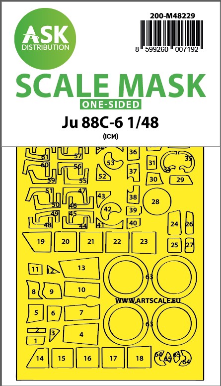 Art Scale 200-M48229 1:48 Junkers Ju-88C-6 wheels and canopy frame paint mask