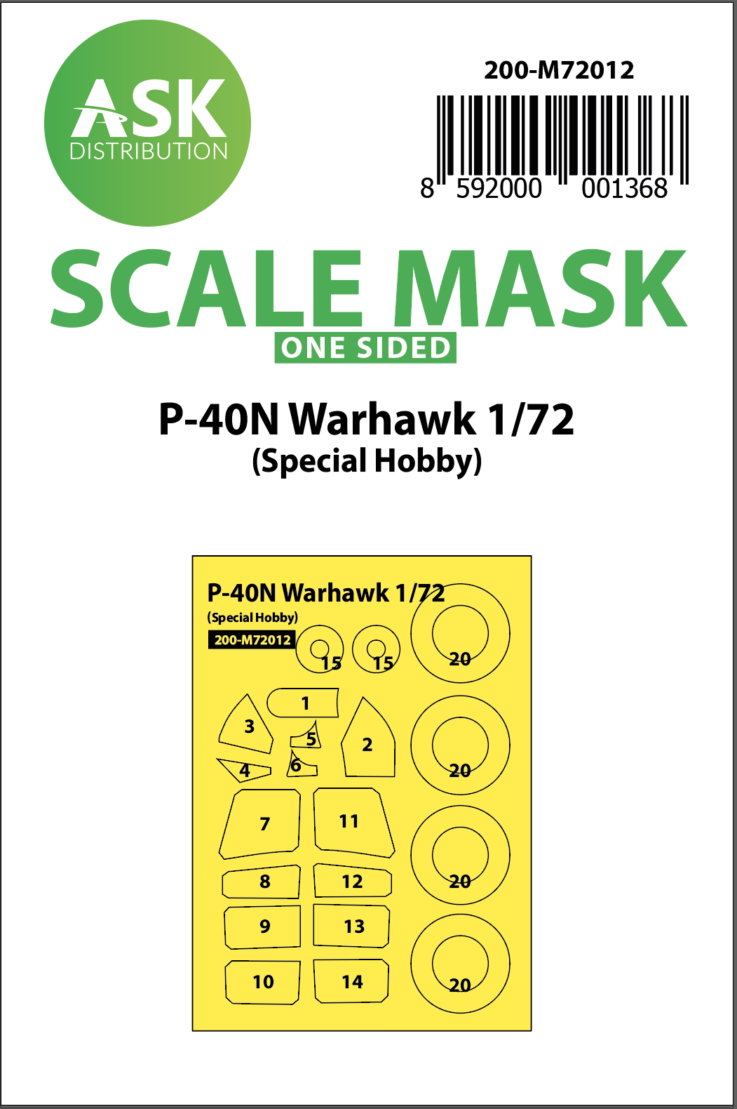 Art Scale 200-M72012 1:72 Curtiss P-40N Warhawk Kabuki Wheel & Canopy Masks