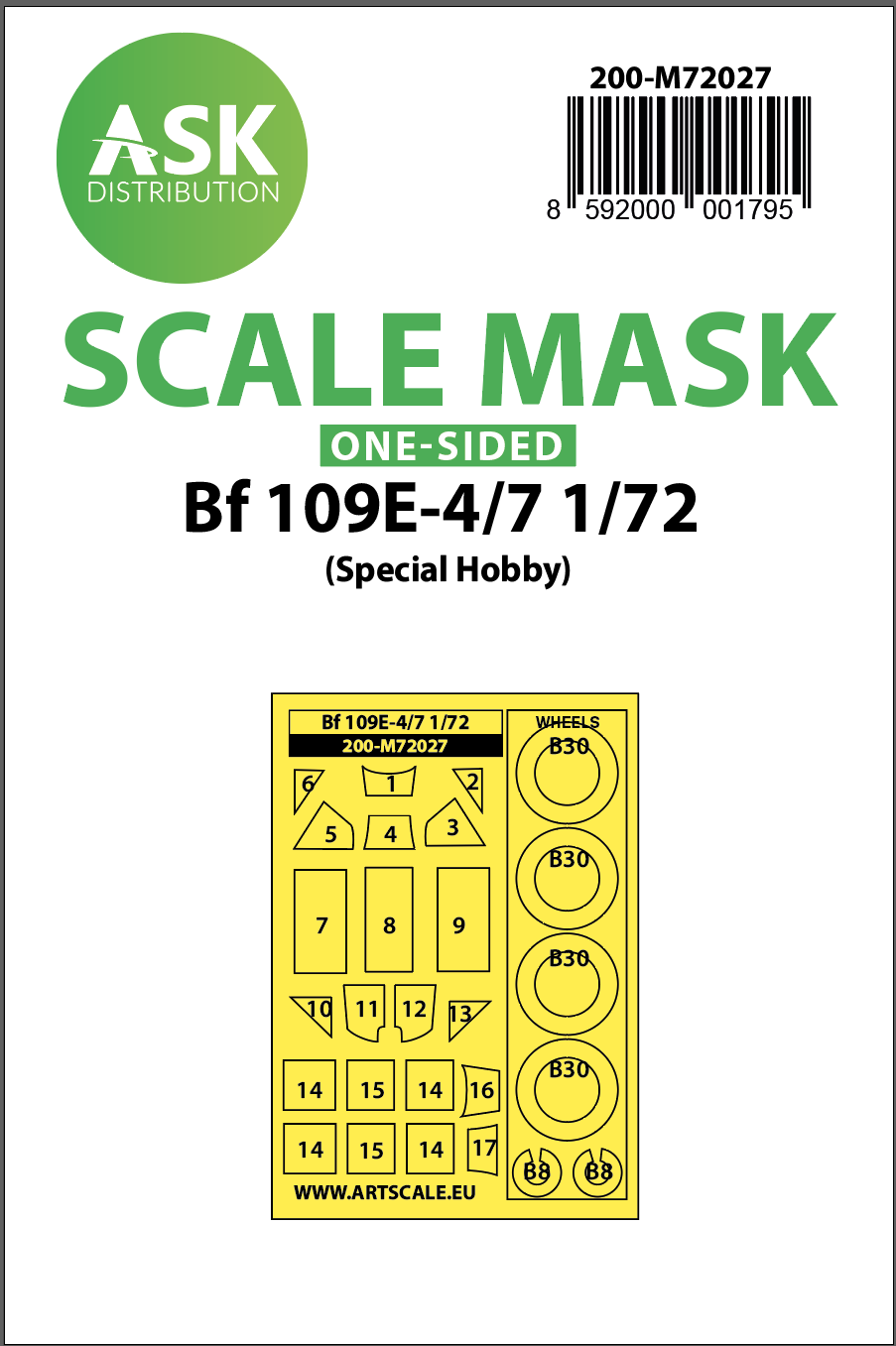 Art Scale 200-M72027 1:72 Bf-109E-4/7 Wheel & Canopy Paint Mask