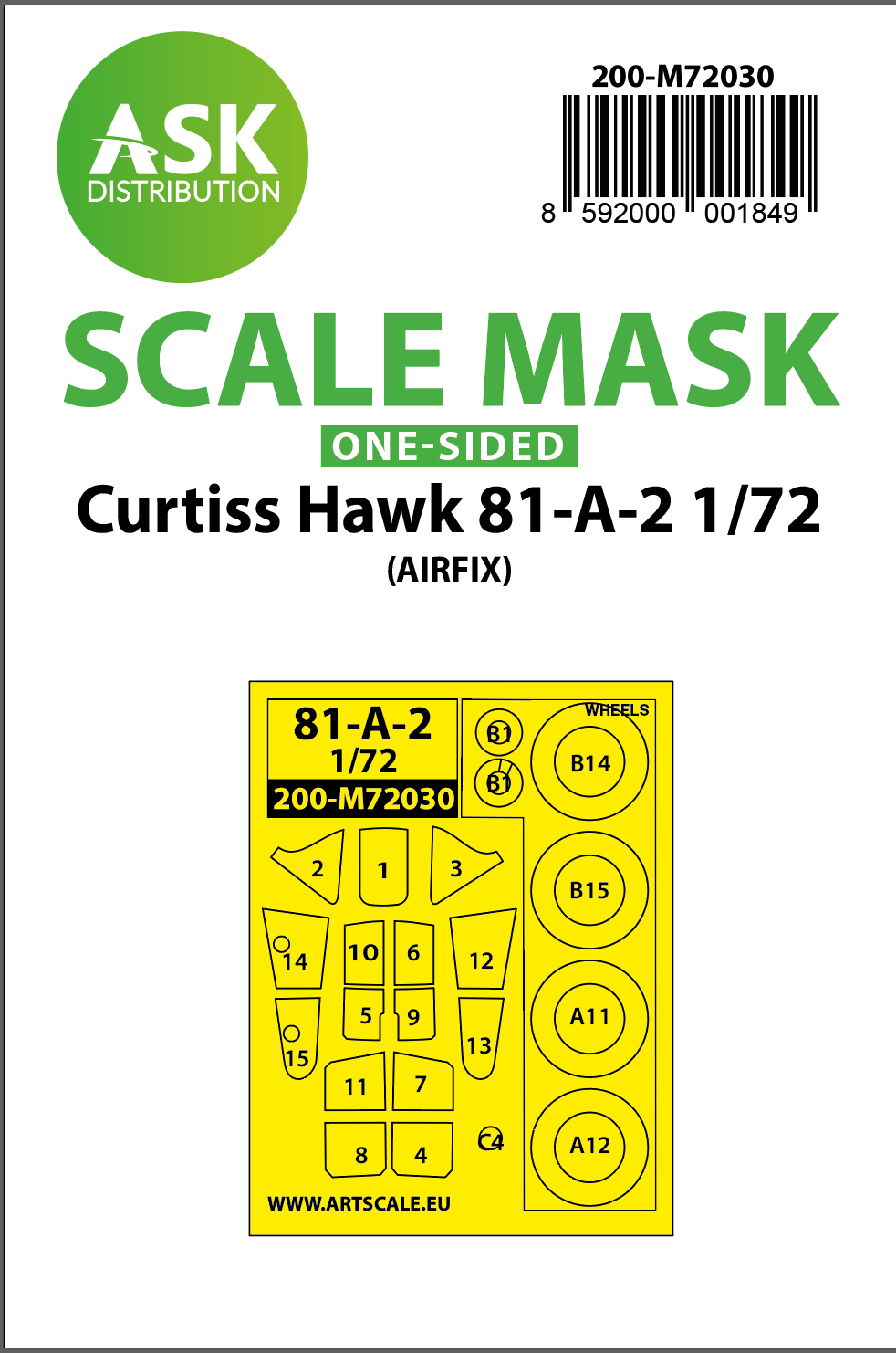 Art Scale 200-M72030 1:72 Curtiss Hawk 81-A-2 wheels & canopy frame paint masks