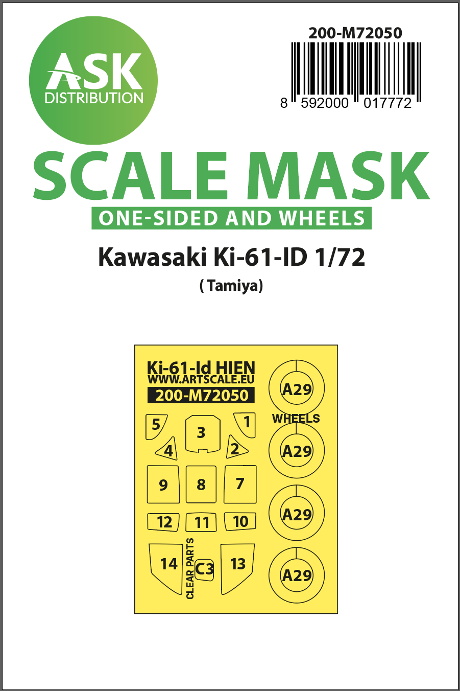 Art Scale 200-M72050 1:72 Kawasaki Ki-61-ID wheels and canopy frame paint masks