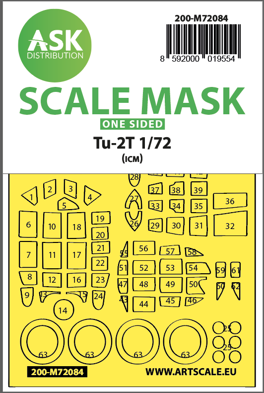 Art Scale 200-M72084 1:72 Tupolev Tu-2T wheels and canopy frame paint masks