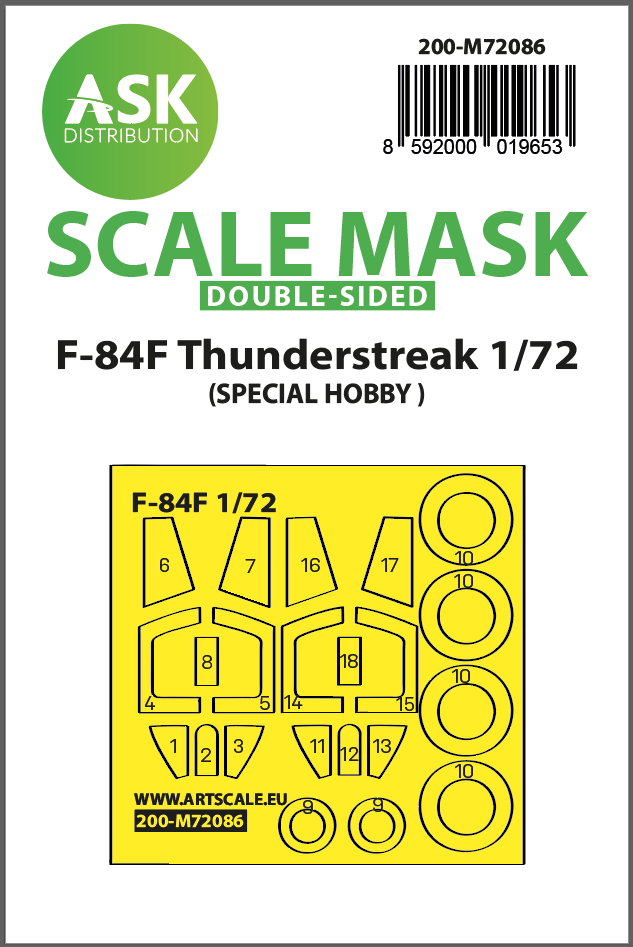 Art Scale 200-M72086 1:72 F-84F Thunderstreak Wheel & Canopy Paint Mask