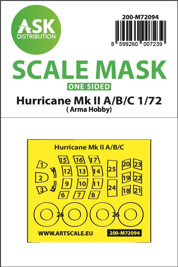 Art Scale 200-M72094 1:72 Hurricane Mk.IIA/B/C Wheel & Canopy Paint Masks