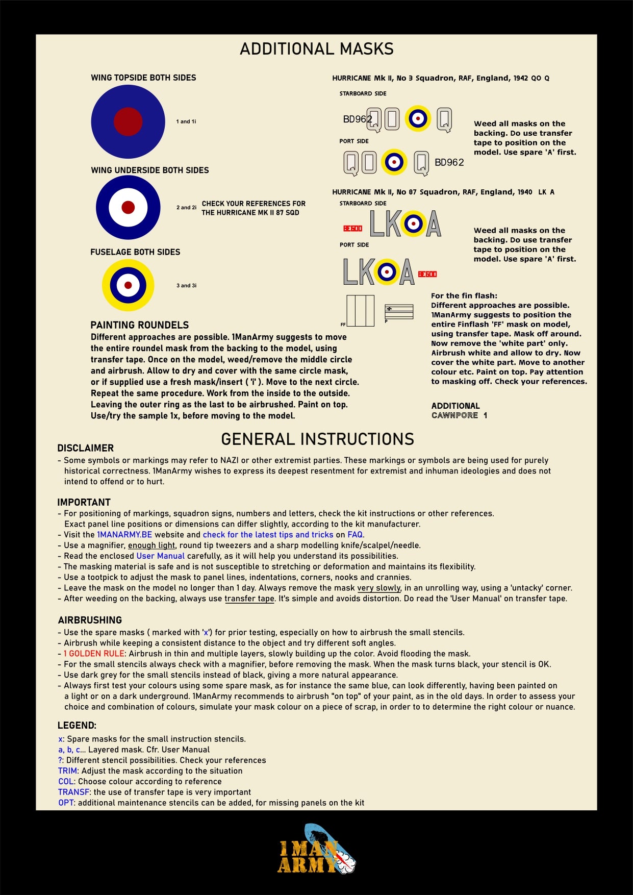 1ManArmy 24DET010 1:24 Hawker Hurricane Mk.IIC high definition airbrush masks