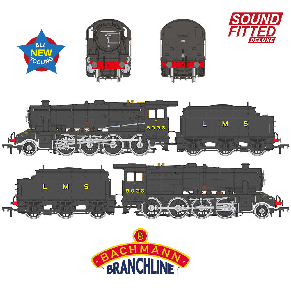 Bachmann Branchline 35-225SFX LMS 8F w/Riveted Tender 8036 LMS Black SF DELUXE