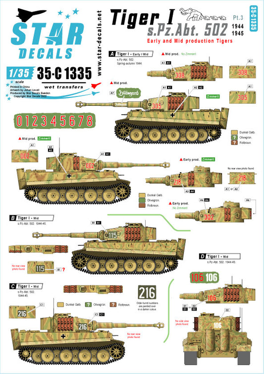 Star Decals 35-C1335 1:35 Pz.Kpfw.VI Tiger I sPzAbt 502 # 3