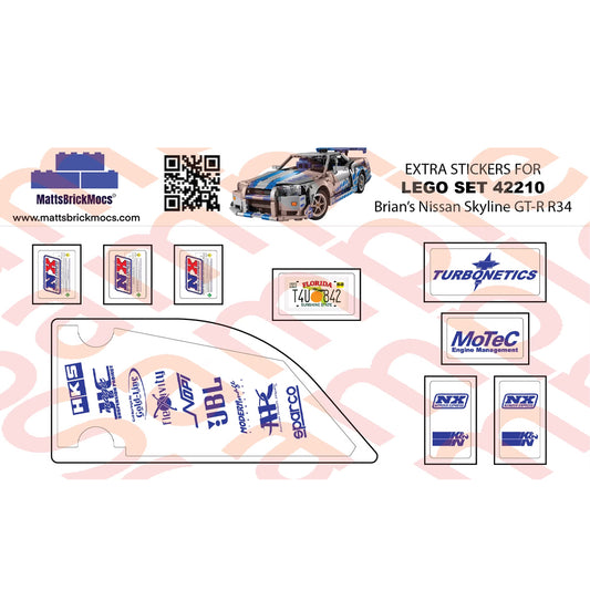 2 Fast 2 Furious Nissan Skyline GT-R (R34) Correct Sticker Set for LEGO 42210