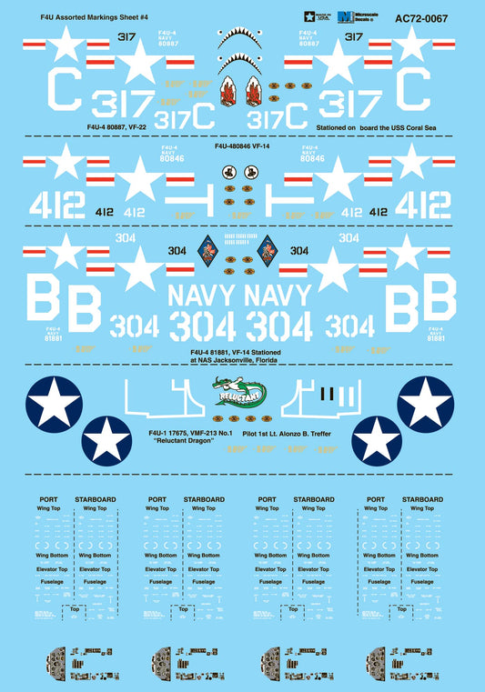 Microscale AC720067 1:72 Vought F4U-1/F4U-4 Corsair Assorted Markings Sheet #4