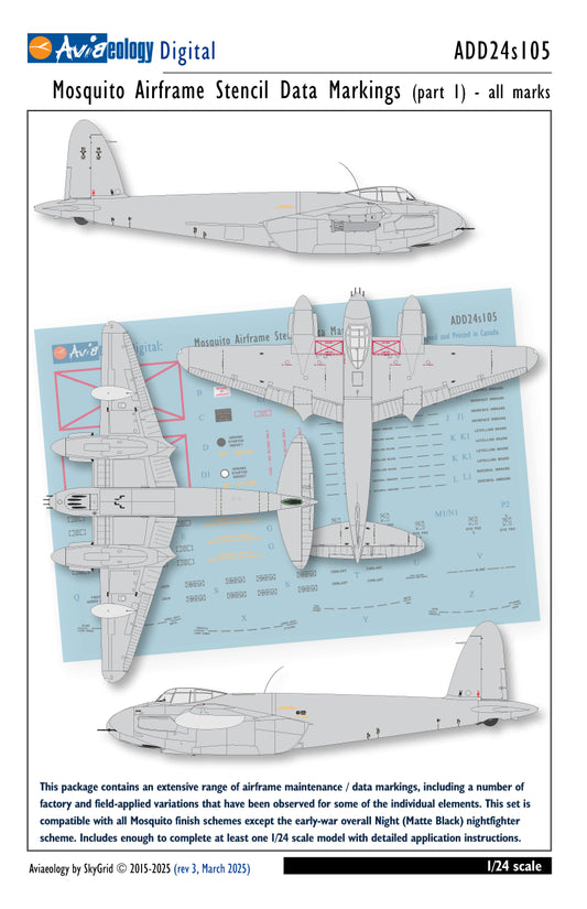 Aviaeology ADD24S105 1:24 de Hailand Mosquito airframe stencil/data marking
