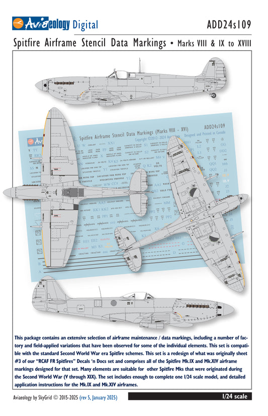 Aviaeology ADD24S109 1:24 Supermarine Spitfire airframe stencil/data