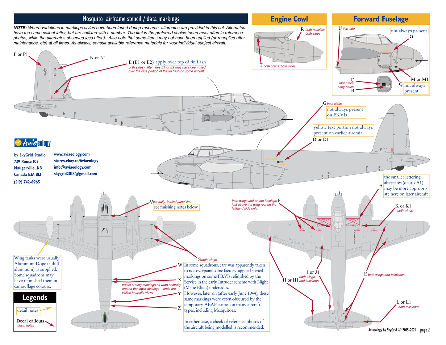Aviaeology ADD72S105 1:72 de Havilland Mosquito Airframe Stencil Data