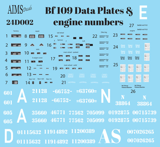 Aims AIMS24D002 1:24 Messerschmitt Bf-109 Data Plates and engine numbers