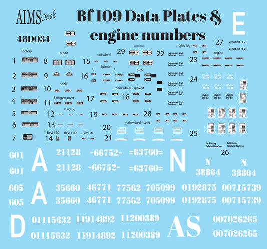 Aims AIMS48D034 1:48 Messerschmitt Bf-109 data plates and engine numbers