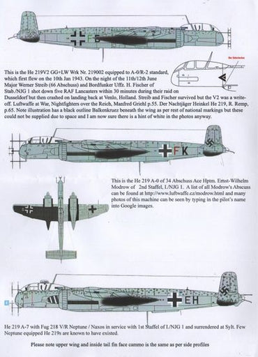 Aims AIMS72D023 1:72 Heinkel He-219/He-219A-0 Werner Strieb Decals