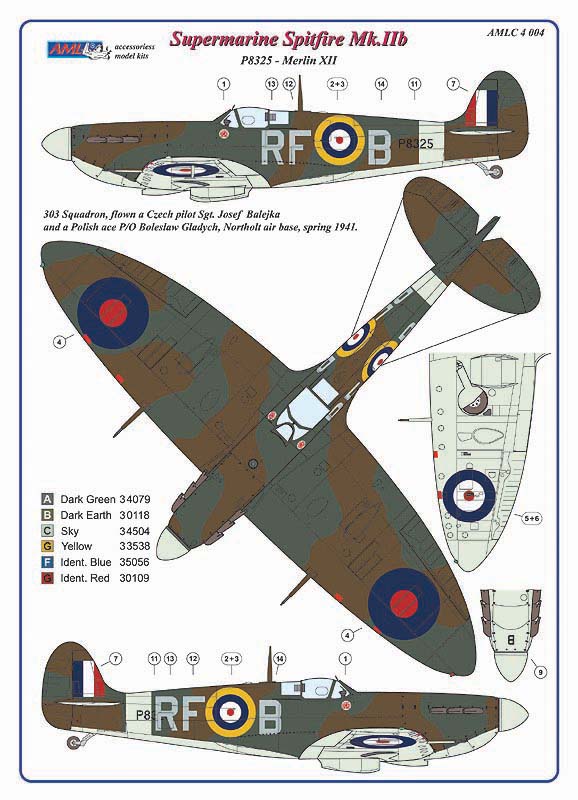 AML C4004 303 Sqn RAF Spitfire Mk.IIb Sgt. J. Balejka Decals 1:144