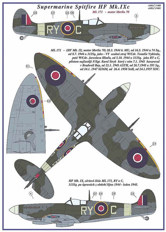 AML AMLC8005 1:48 Supermarine Spitfire Mk.IXC 2 decal versions : RY-C , RY-E
