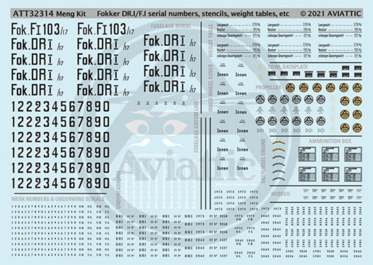 Aviattic ATT32314 1:32 Fokker F.I/Dr.I serial numbers stencils weight tables etc