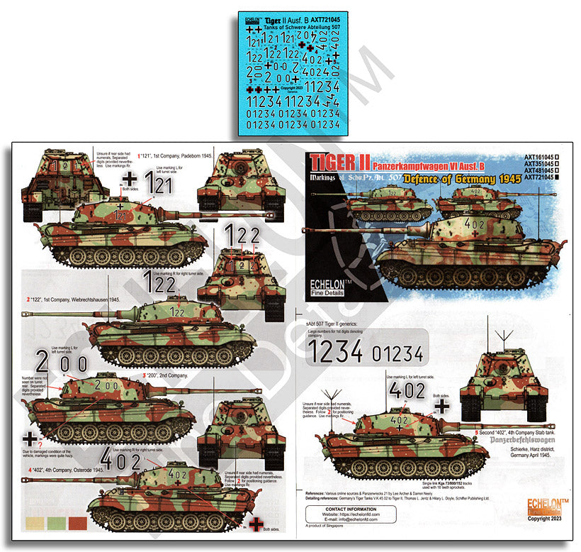Echelon AXT721045 1:72 Tiger IIs sAbt 507 Paderborn 1945 Decals