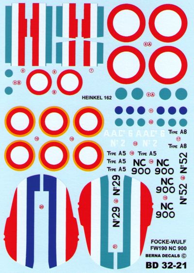 Berna Decals BER32021 1:32 He-162 & Fw-190 French Captured