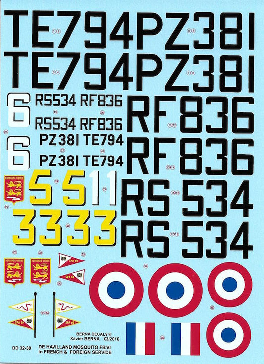 Berna Decals BER32039 1:32 de Havilland Mosquito FB Mk.VI French