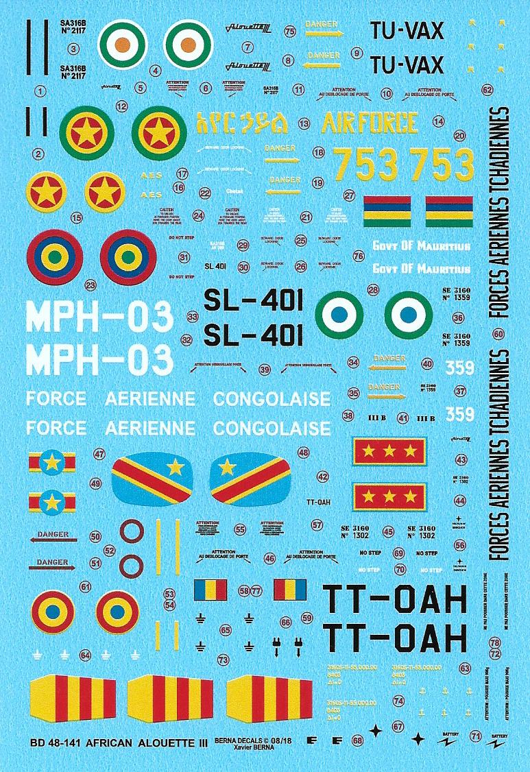 Berna Decals BER48141 1:48 Sud-Aviation Alouette III Africa