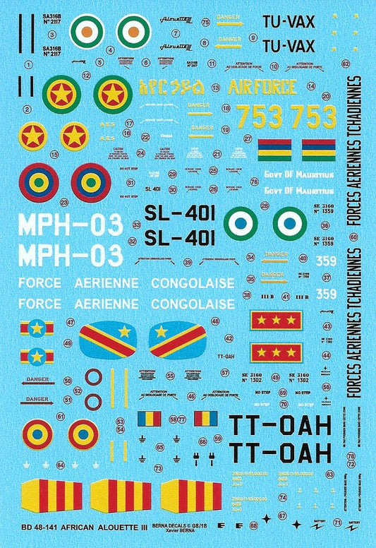 Berna Decals BER48141 1:48 Sud-Aviation Alouette III Africa