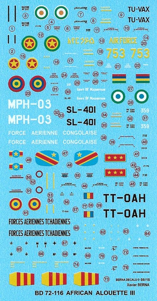 Berna Decals BER72116 1:72 Sud-Aviation Alouette III Africa