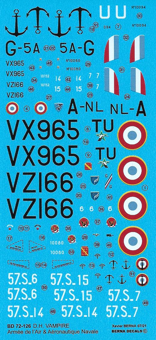Berna Decals BER72126 1:72 de Havilland Vampire Mk.5 French