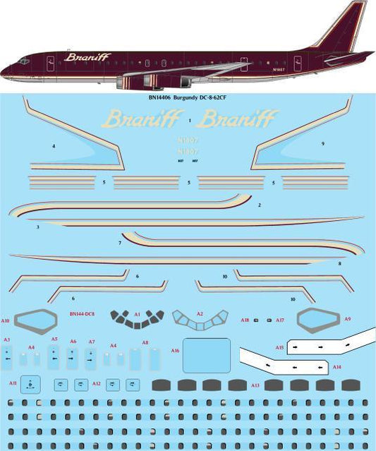 26 Decals BN14406 1:144 Ultra Burgundy Douglas DC-8-62 Screen printed decal