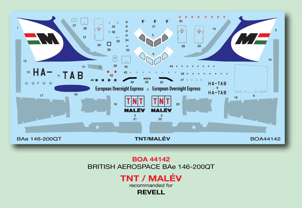 Boa Decals BOA144142 1:144 BAe-146-200QT TNT/Malev for the Revell kit
