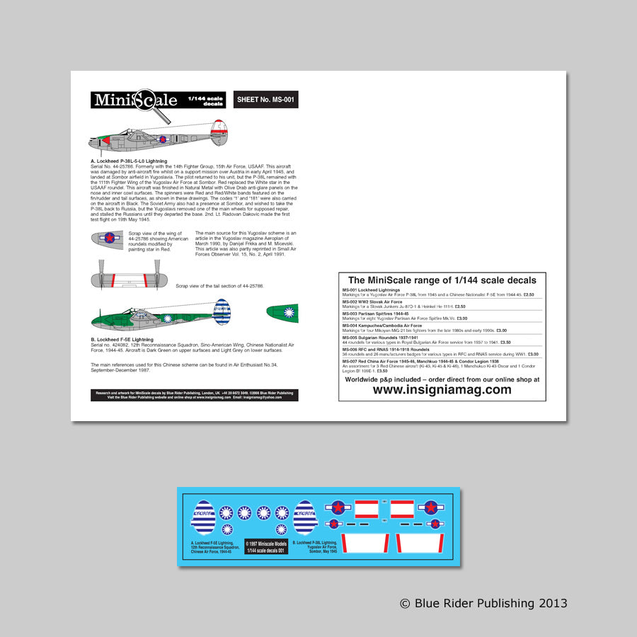Blue Rider BRMS001 1:144 Lockheed P-38L/F-5E Lightning Decals