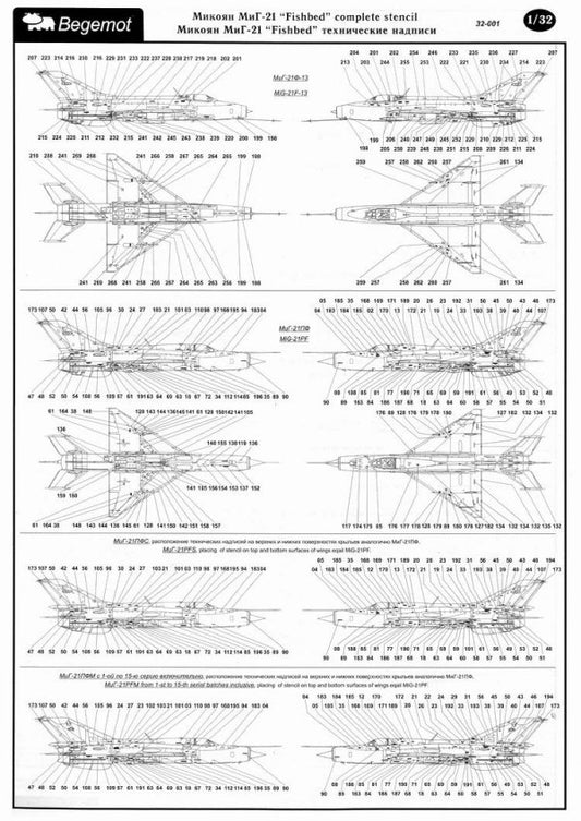 Begemot BT32001 1:32 Mikoyan MiG-21 Stencil Data